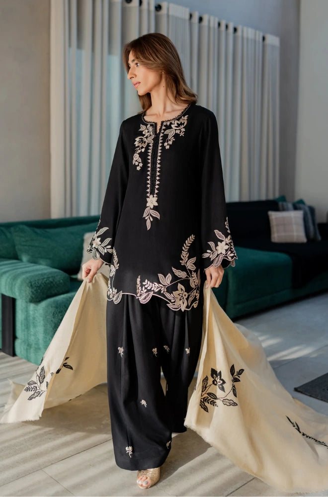 3PC Dhanak Embroidered Shirt With Wool Embroidered Dupatta and Trouser - BFB01028