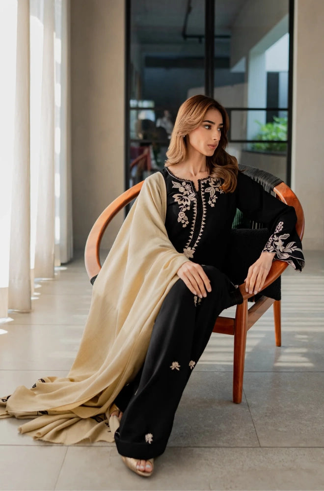 3PC Dhanak Embroidered Shirt With Wool Embroidered Dupatta and Trouser - BFB01028