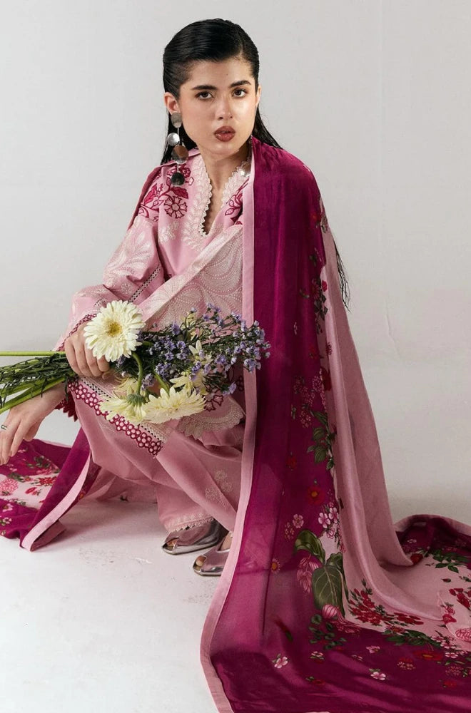 Jugnu by Hussain Rehar - 3PC Dhanak Embroidered Shirt With Silk Printed Dupatta and Trouser - BFB01029