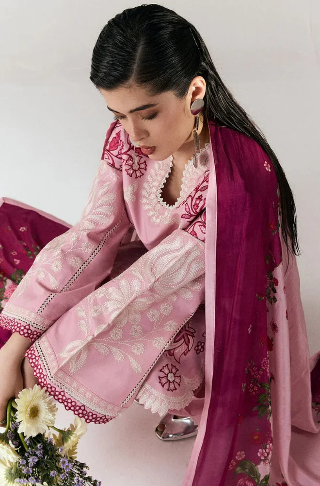 Jugnu by Hussain Rehar - 3PC Dhanak Embroidered Shirt With Silk Printed Dupatta and Trouser - BFB01029