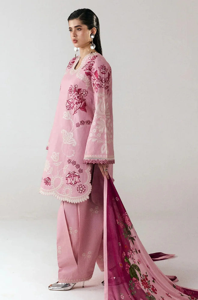 Jugnu by Hussain Rehar - 3PC Dhanak Embroidered Shirt With Silk Printed Dupatta and Trouser - BFB01029