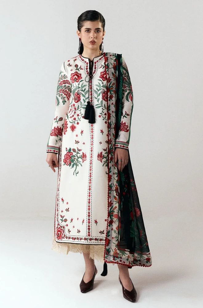 Jugnu by Hussain Rehar - 3PC Dhanak Embroidered Shirt With Silk Printed Dupatta and Trouser - BFB01031
