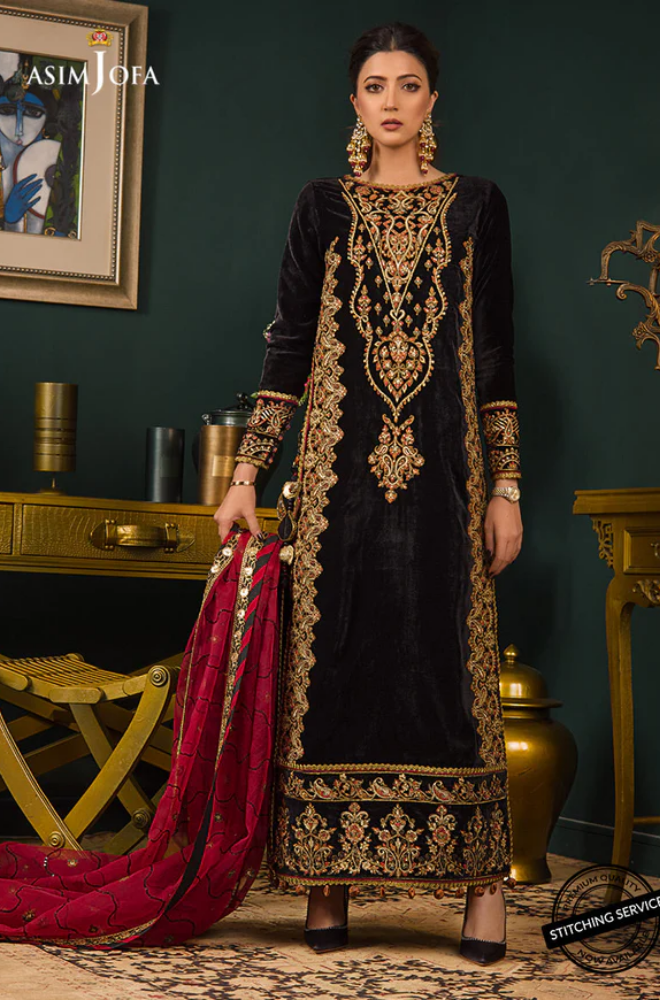 Asim Jofa - 3PC Velvet Embroidered Shirt With Organza Embroidered Dupatta and Trouser - BFU0563