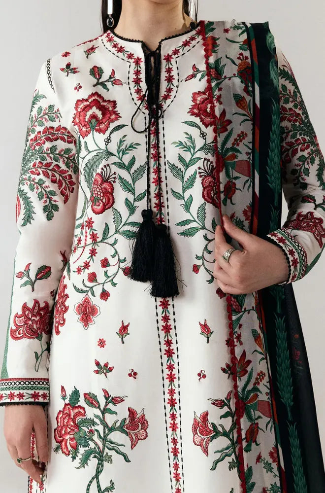 Jugnu by Hussain Rehar - 3PC Dhanak Embroidered Shirt With Silk Printed Dupatta and Trouser - BFB01031