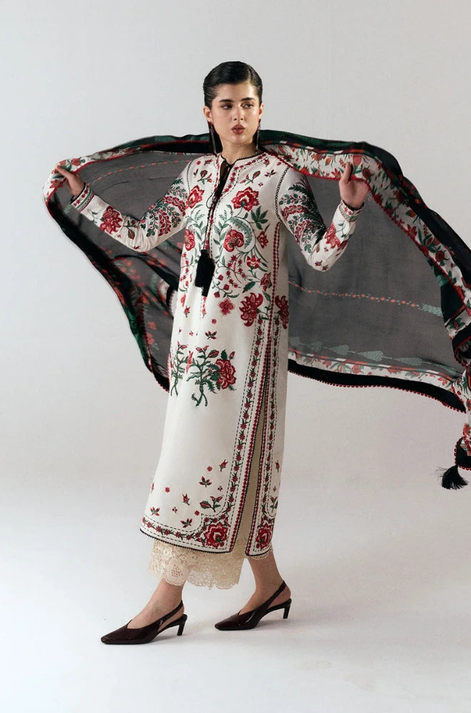 Jugnu by Hussain Rehar - 3PC Dhanak Embroidered Shirt With Silk Printed Dupatta and Trouser - BFB01031
