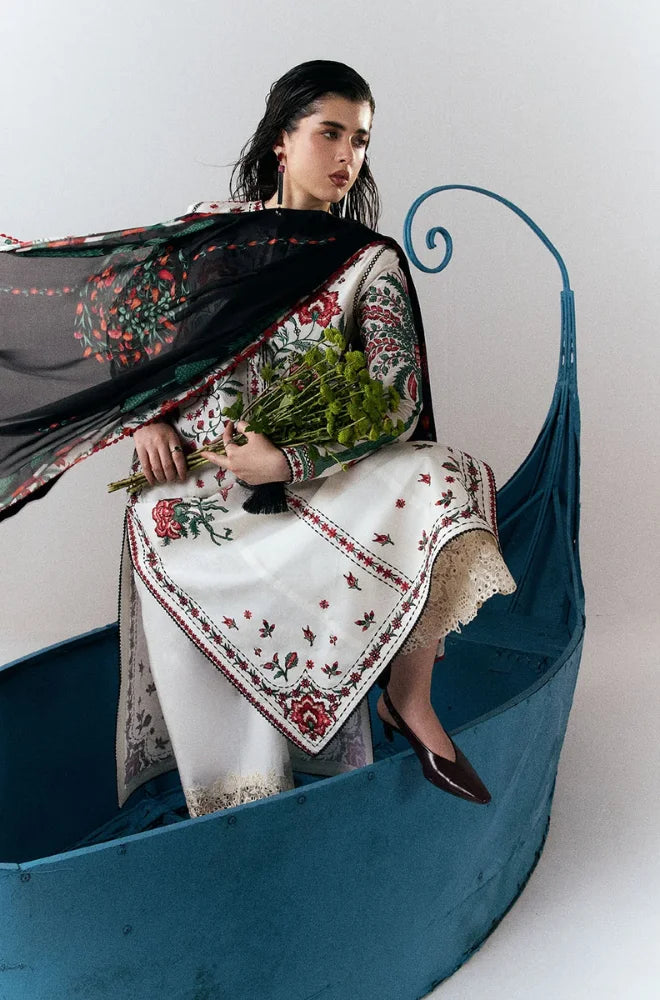 Jugnu by Hussain Rehar - 3PC Dhanak Embroidered Shirt With Silk Printed Dupatta and Trouser - BFB01031
