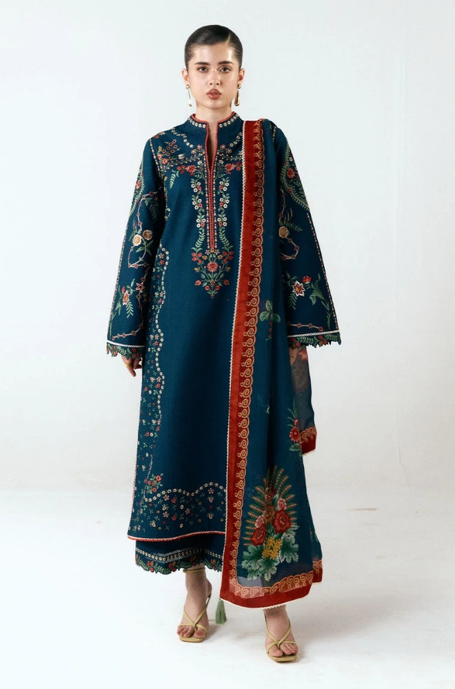 JUGNU Lahore - 3PC Dhanak Embroidered Shirt With Monar Printed Dupatta and Trouser - BFB01032
