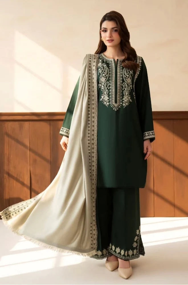 Lazuli - 3PC Unstitched Dhanak Embroidered Shirt with Dhanak Embroidered Shawl and Embroidered Trouser - BFB01156