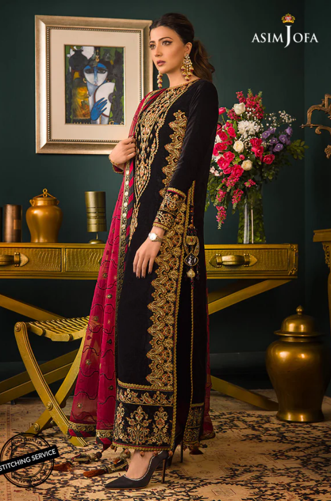 Asim Jofa - 3PC Velvet Embroidered Shirt With Organza Embroidered Dupatta and Trouser - BFU0563