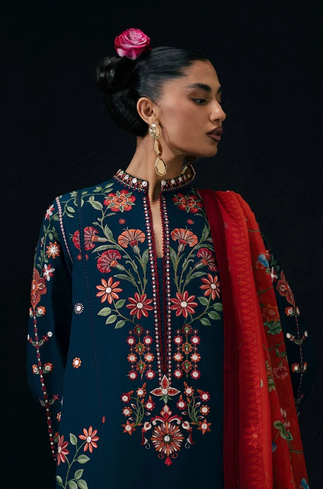 Hussain Rehar - 3PC Dhanak Embroidered Shirt With Chiffon Printed Dupatta and Trouser - BFB01033