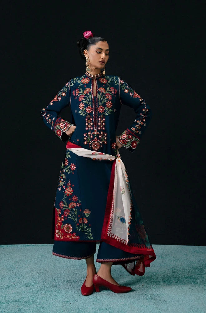 Hussain Rehar - 3PC Dhanak Embroidered Shirt With Chiffon Printed Dupatta and Trouser - BFB01033