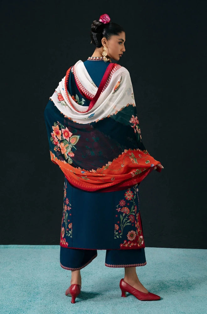 Hussain Rehar - 3PC Dhanak Embroidered Shirt With Chiffon Printed Dupatta and Trouser - BFB01033