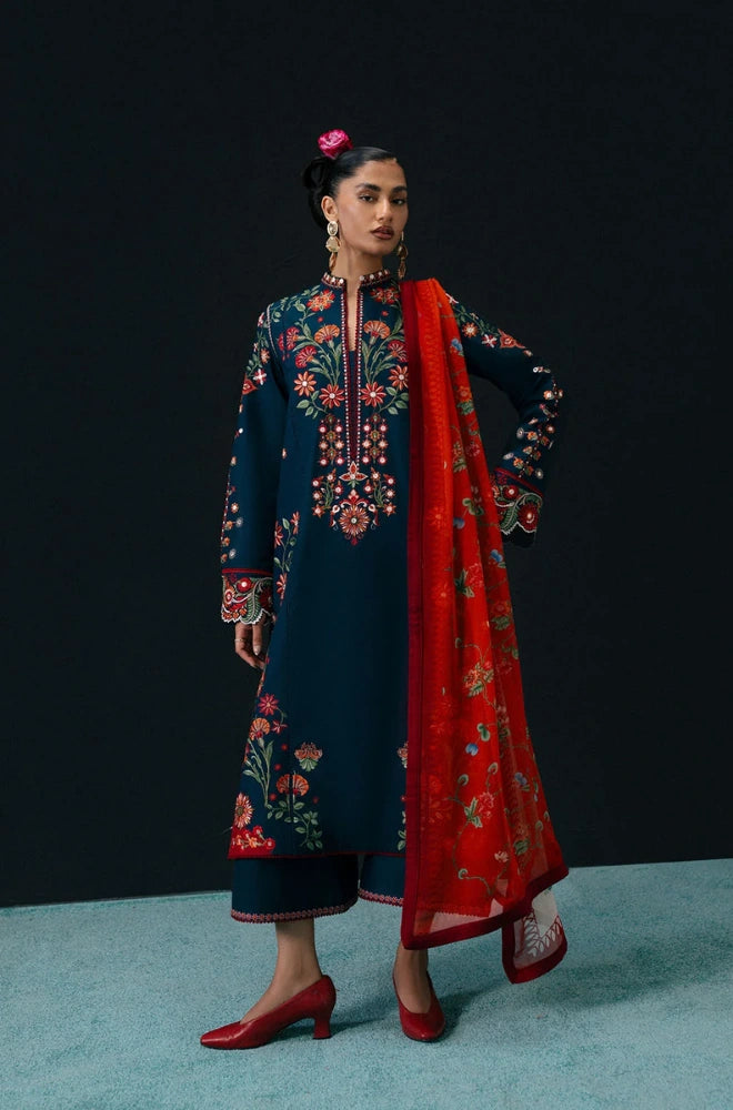 Hussain Rehar - 3PC Dhanak Embroidered Shirt With Chiffon Printed Dupatta and Trouser - BFB01033