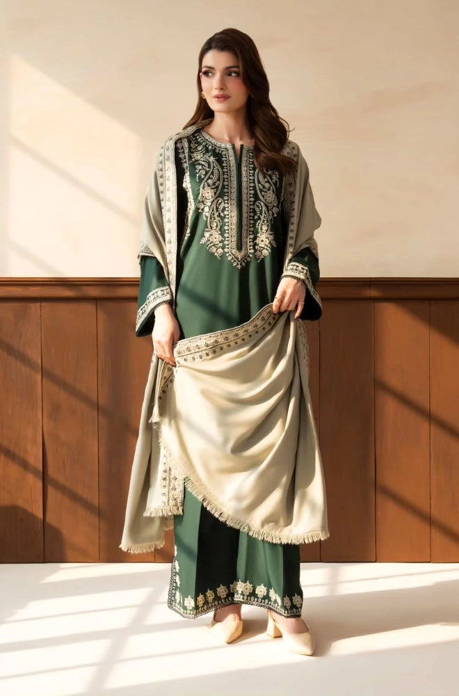 Lazuli - 3PC Unstitched Dhanak Embroidered Shirt with Dhanak Embroidered Shawl and Embroidered Trouser - BFB01156