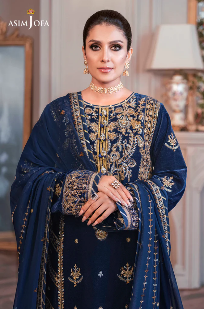 Asim Jofa - 3PC Velvet Embroidered Shirt With Organza Embroidered Dupatta and Trouser - BFB0166