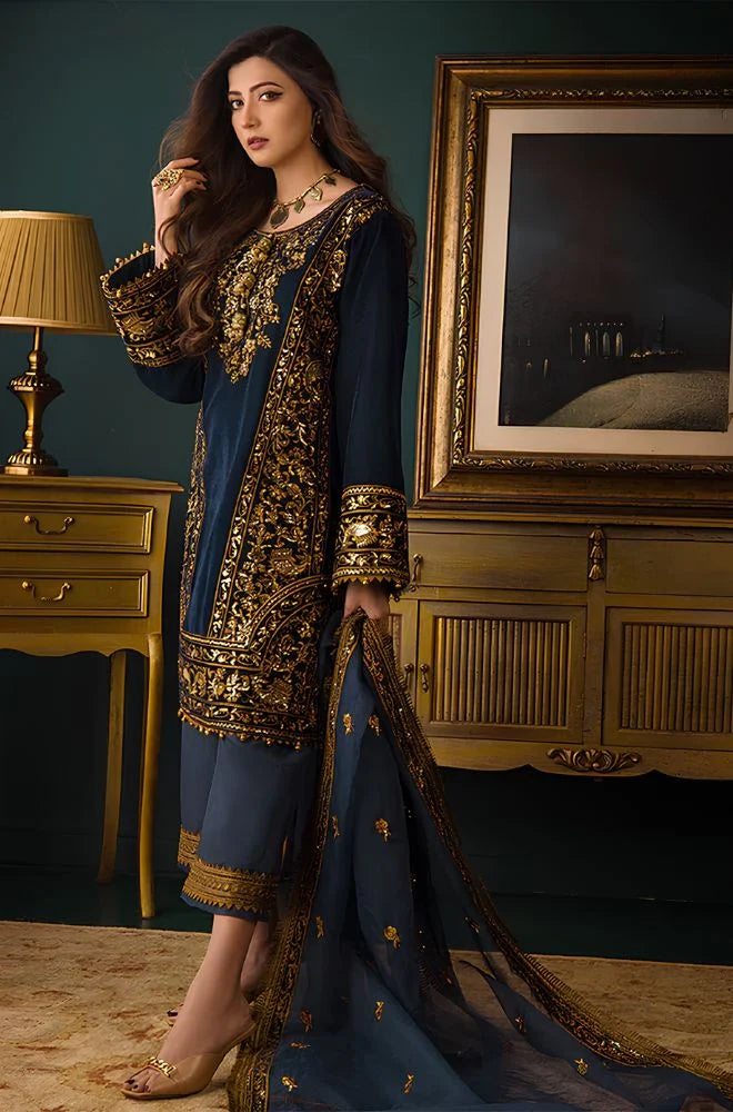 Asim Jofa - 3PC Velvet Embroidered Shirt With Organza Embroidered Dupatta and Trouser - BFB0929