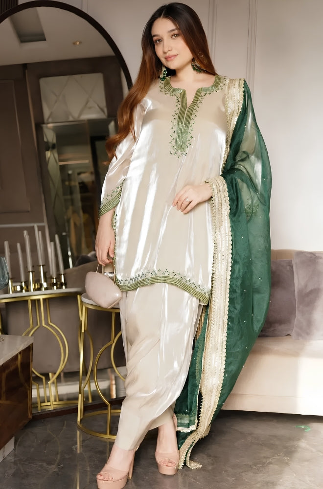 BlueFery - 3PC Silk Embroidered Shirt With Embroidered Dupatta and Trouser - BFB0009