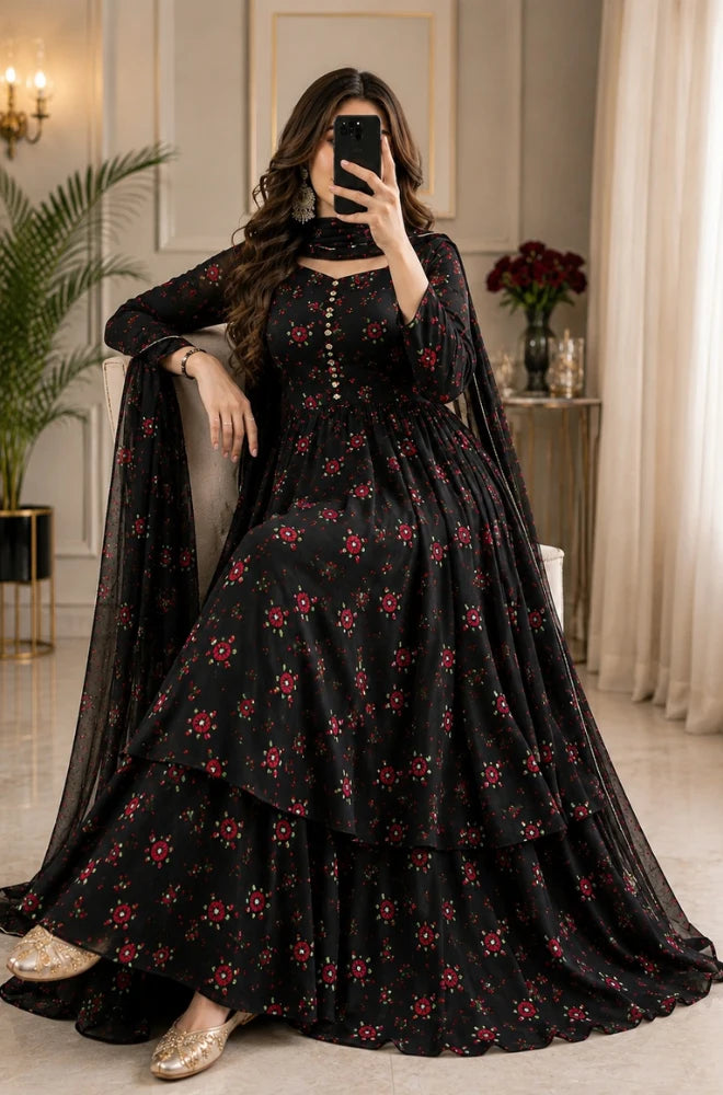 BlueFery - 3PC Embroidered Lawn Frock With Chiffon Dupatta and Trouser - BFB0976
