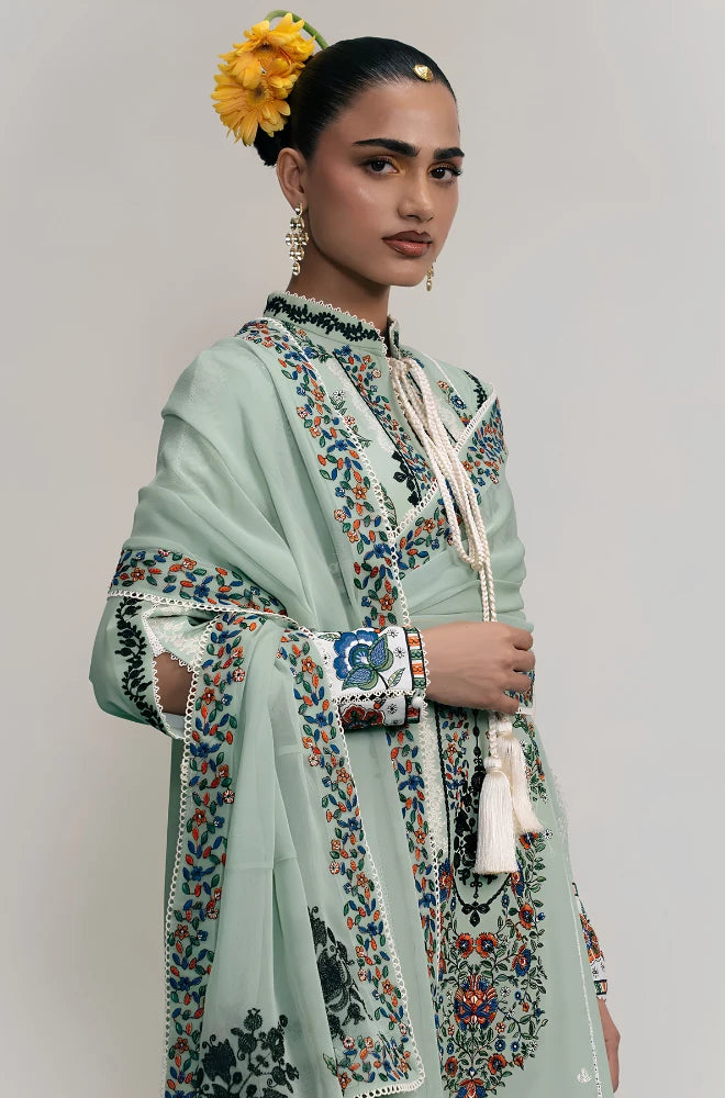 Jugnu - 3PC Dhanak Embroidered Shirt With Chiffon Embroidered Dupatta and Trouser - BFB01060