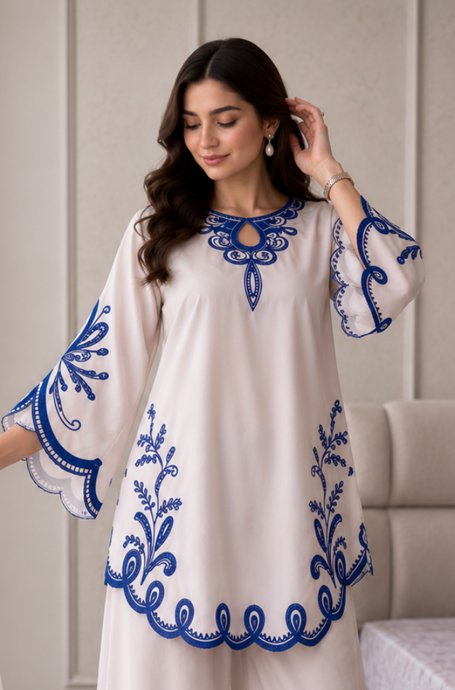 Bluefery - 3PC Embroidered Elegant White & Royal Blue Shamoz Silk Dress - BFB0925