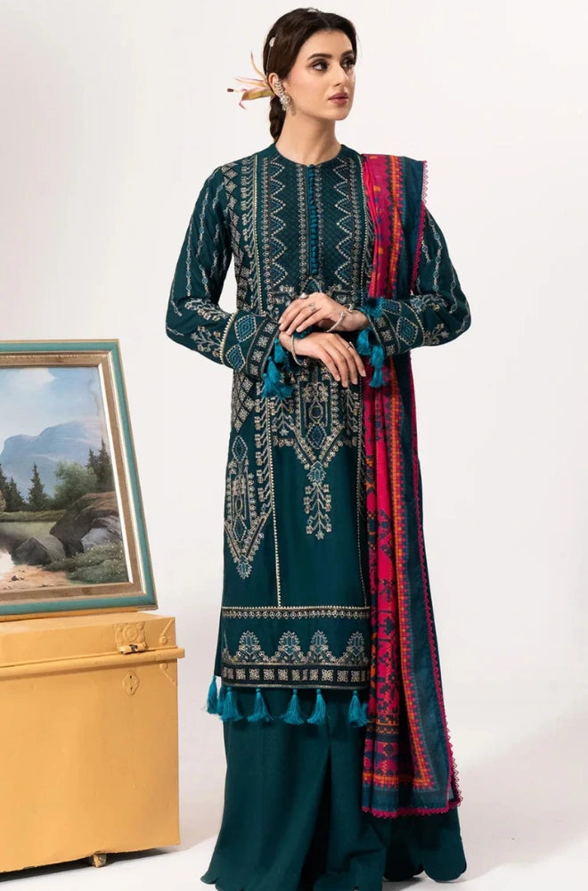3PC Dhanak Embroidered Shirt With Wool Printed Shawl and Trouser - BFB01036