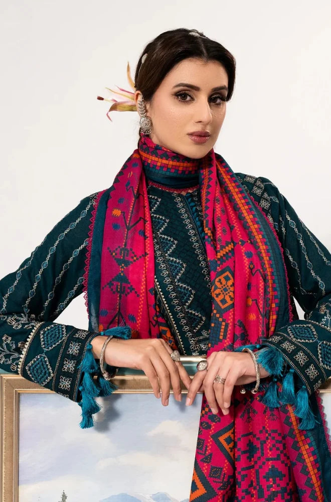 3PC Dhanak Embroidered Shirt With Wool Printed Shawl and Trouser - BFB01036