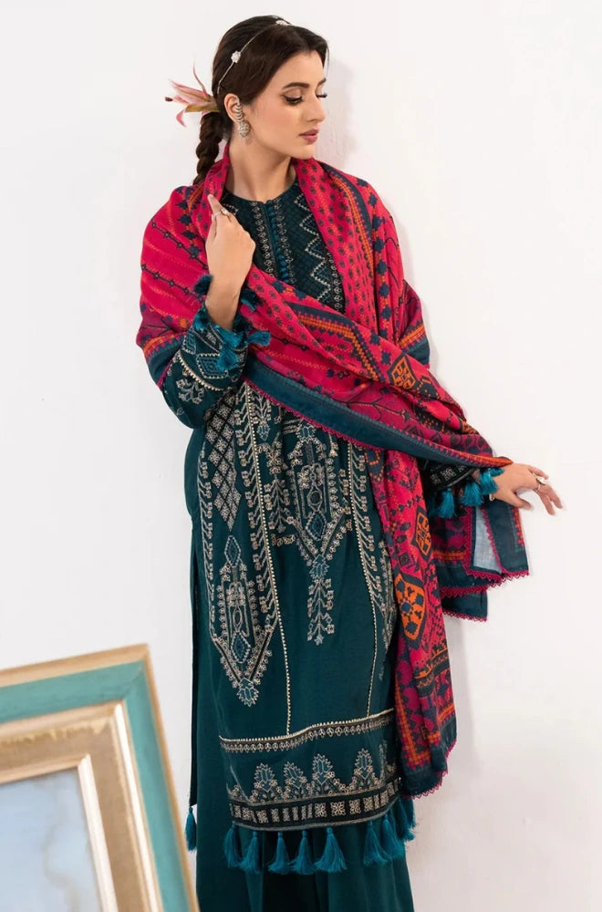 3PC Dhanak Embroidered Shirt With Wool Printed Shawl and Trouser - BFB01036