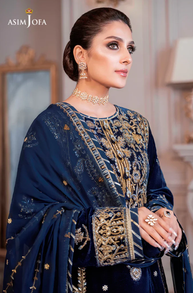Asim Jofa - 3PC Velvet Embroidered Shirt With Organza Embroidered Dupatta and Trouser - BFB0166