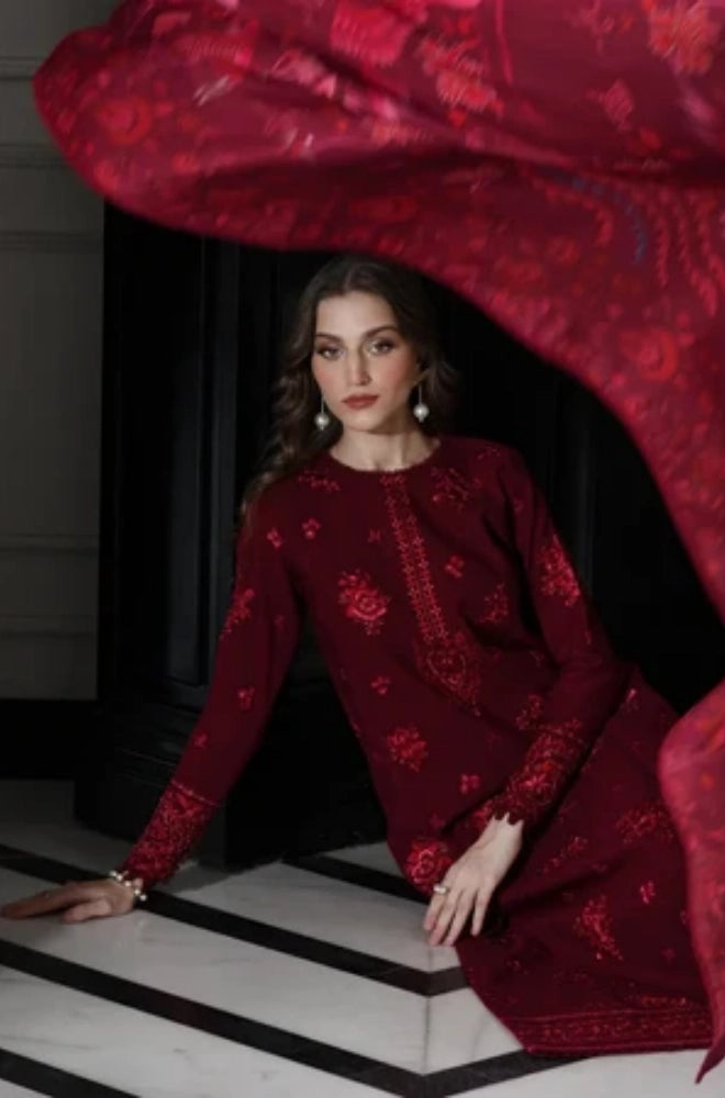 Zaib - 3PC Dhanak Embroidered SHirt WIth Wool Prined Dupatta and Trouser - BFB01038