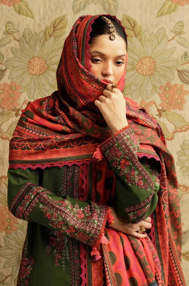 Hussain Rehar - 3PC Dhanak Embroidered Shirt With Embroidered Dupatta and Trouser - BFB01039