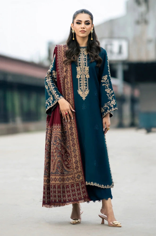 IZEL Apparel - 3PC Dhanak Embroidered Shirt With Wool Printed Dupatta and Trouser - BFB01040