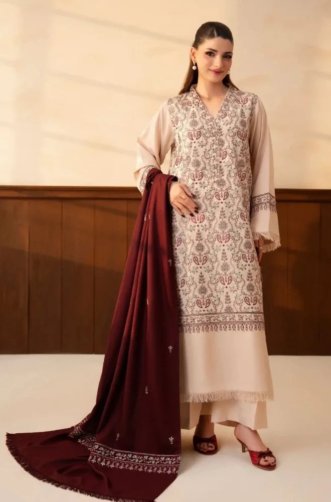 Lazuli - 3PC Unstitched Dhanak Embroidered Shirt with Dhanak Embroidered Shawl and Embroidered Trouser - BFB01157