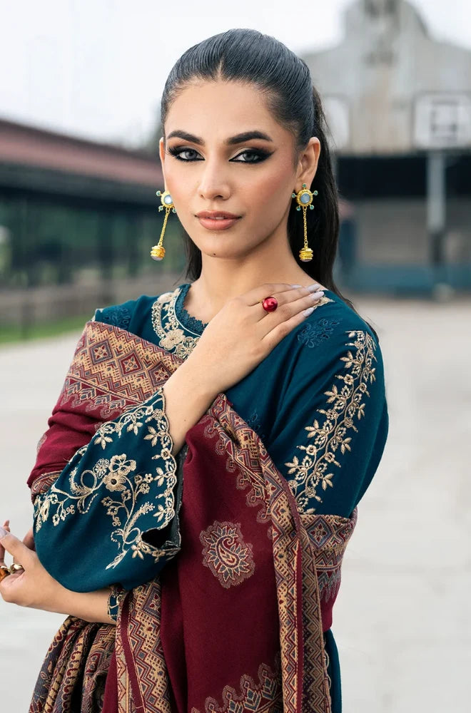 IZEL Apparel - 3PC Dhanak Embroidered Shirt With Wool Printed Dupatta and Trouser - BFB01040