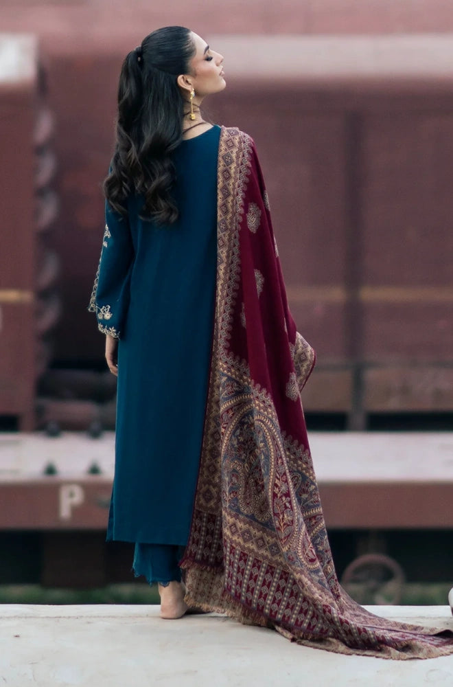 IZEL Apparel - 3PC Dhanak Embroidered Shirt With Wool Printed Dupatta and Trouser - BFB01040