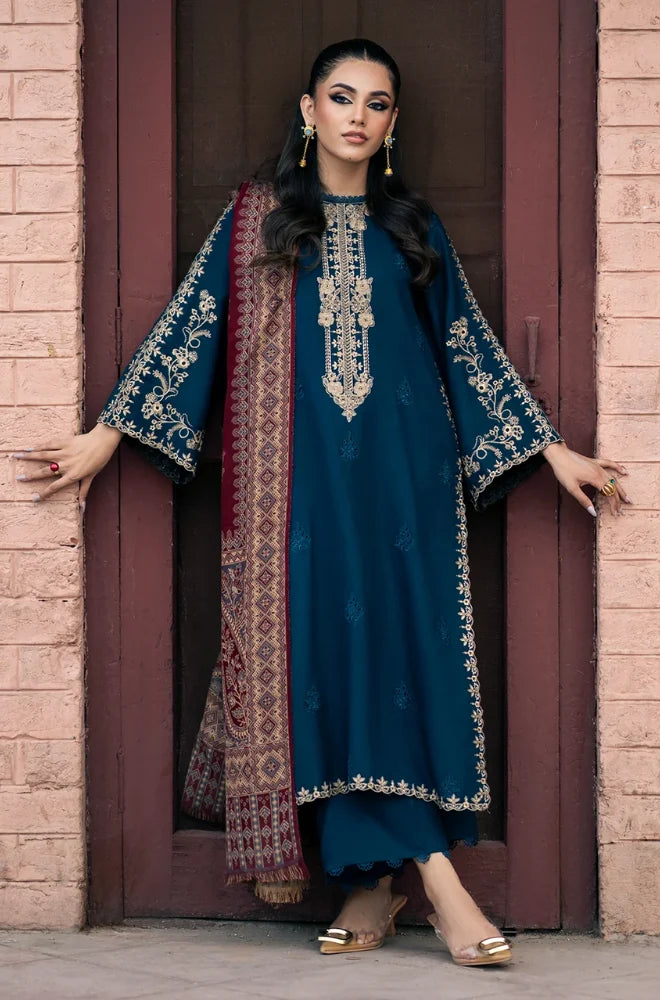 IZEL Apparel - 3PC Dhanak Embroidered Shirt With Wool Printed Dupatta and Trouser - BFB01040