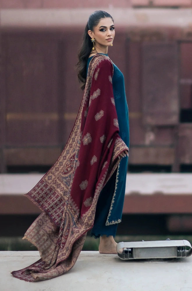 IZEL Apparel - 3PC Dhanak Embroidered Shirt With Wool Printed Dupatta and Trouser - BFB01040