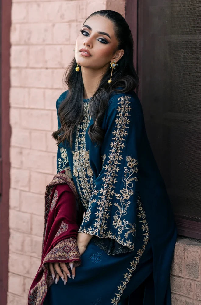 IZEL Apparel - 3PC Dhanak Embroidered Shirt With Wool Printed Dupatta and Trouser - BFB01040