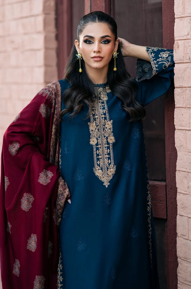 IZEL Apparel - 3PC Dhanak Embroidered Shirt With Wool Printed Dupatta and Trouser - BFB01040