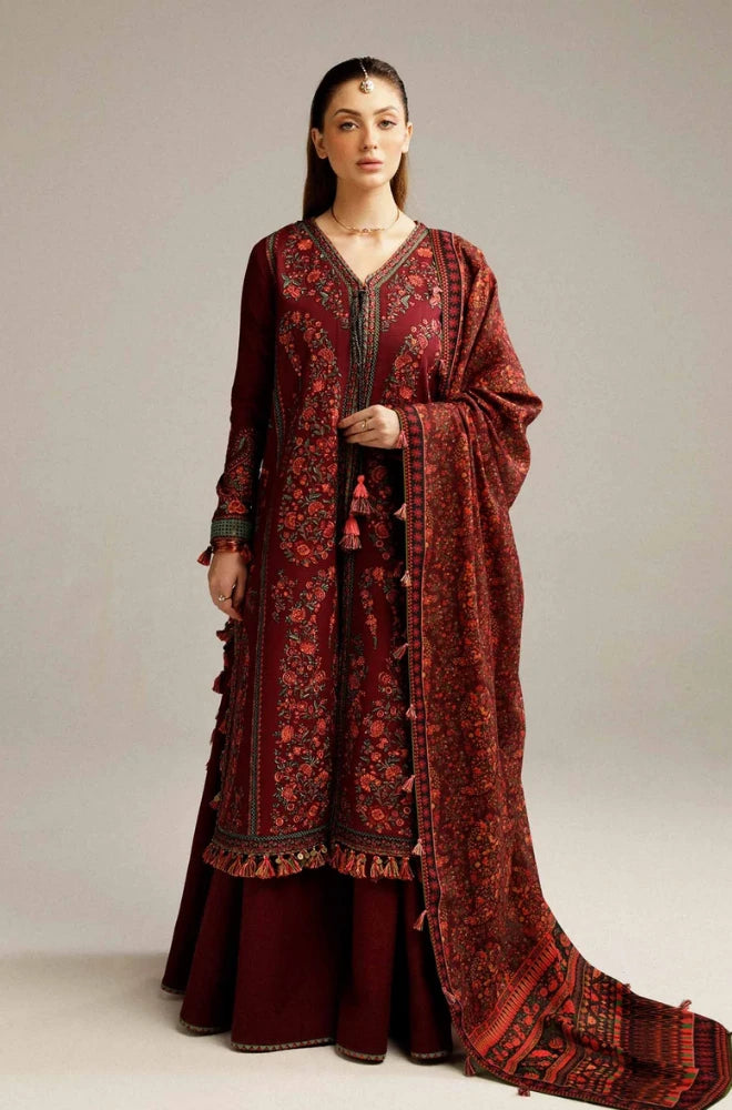 Hussain Rehar - 3PC Dhanak Embroidered Shirt With Wool Prined Dupatta and Trouser - BFB01044