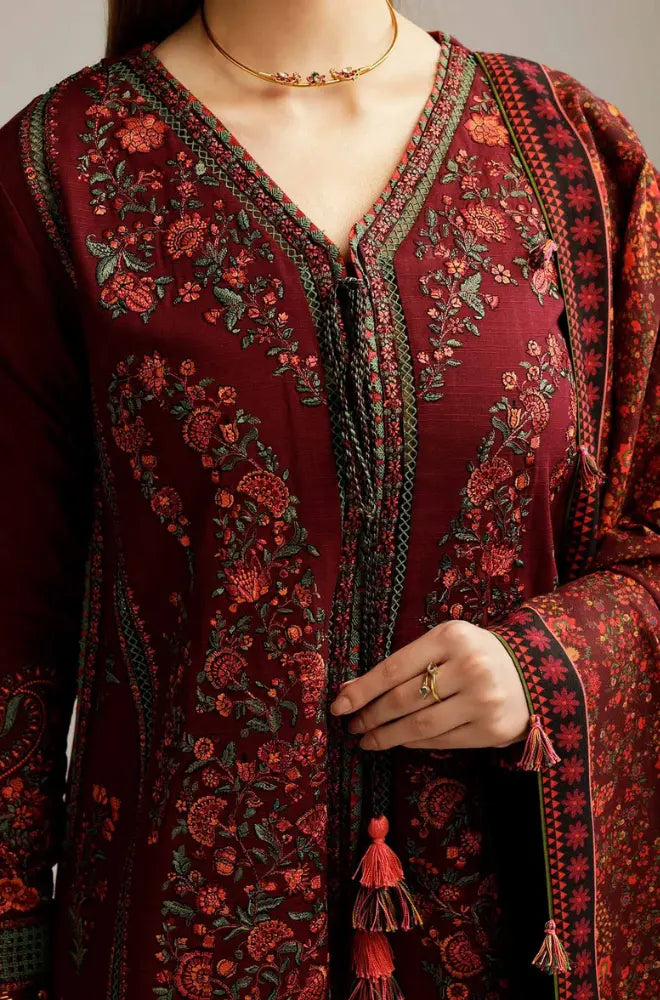 Hussain Rehar - 3PC Dhanak Embroidered Shirt With Wool Prined Dupatta and Trouser - BFB01044