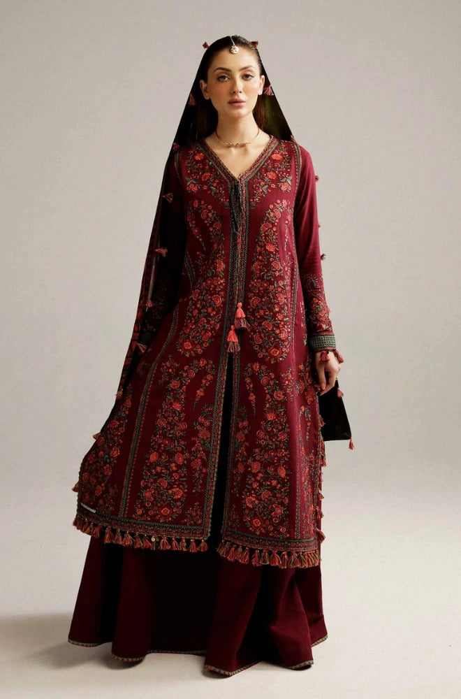 Hussain Rehar - 3PC Dhanak Embroidered Shirt With Wool Prined Dupatta and Trouser - BFB01044