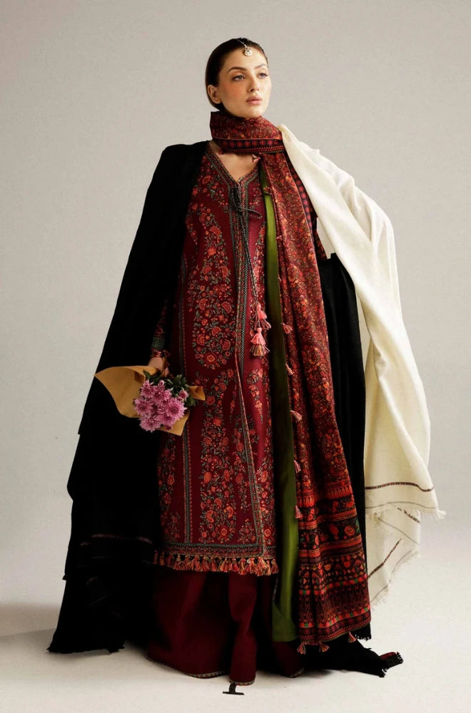Hussain Rehar - 3PC Dhanak Embroidered Shirt With Wool Prined Dupatta and Trouser - BFB01044