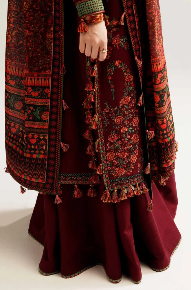 Hussain Rehar - 3PC Dhanak Embroidered Shirt With Wool Prined Dupatta and Trouser - BFB01044