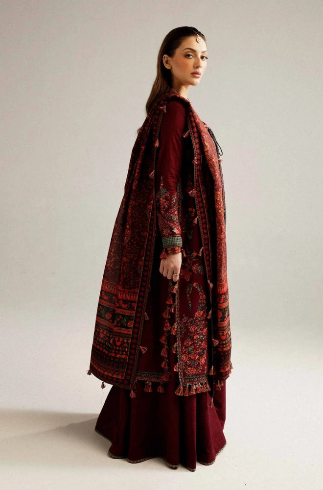Hussain Rehar - 3PC Dhanak Embroidered Shirt With Wool Prined Dupatta and Trouser - BFB01044
