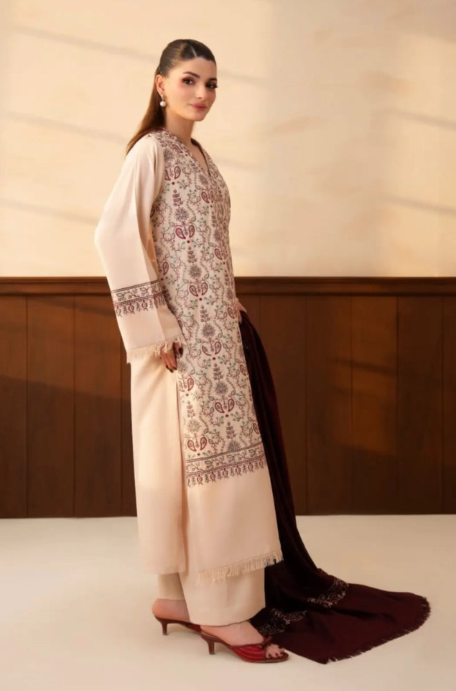 Lazuli - 3PC Unstitched Dhanak Embroidered Shirt with Dhanak Embroidered Shawl and Embroidered Trouser - BFB01157