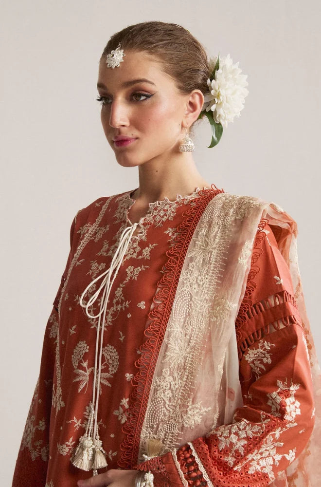 Hussain Rehar - 3PC Dhanak Embroidered Shirt With Printed Chiffon Dupatta and Trouser - BFB01046