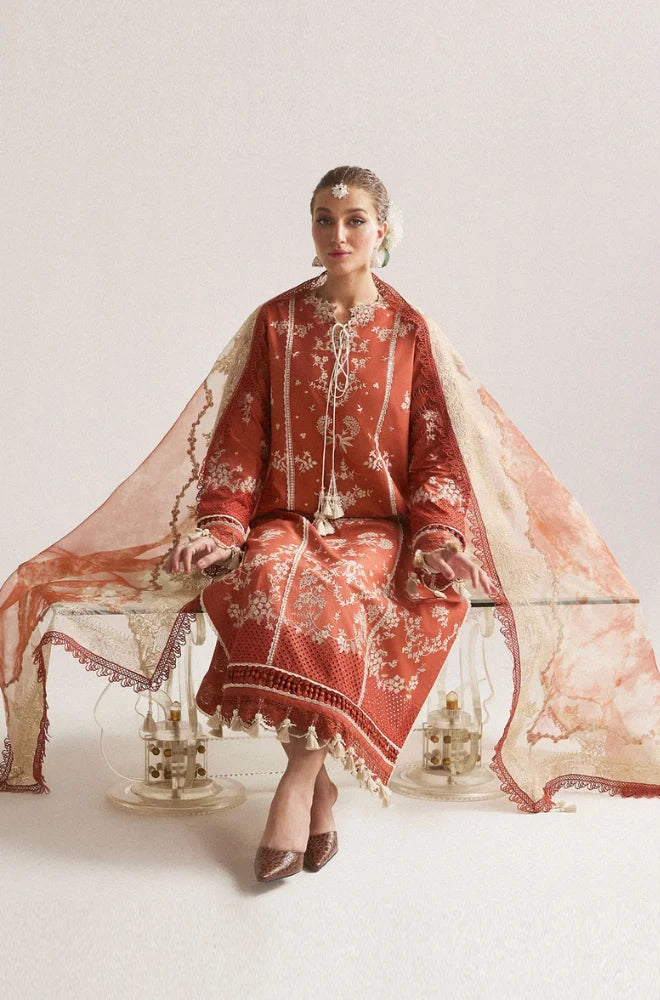 Hussain Rehar - 3PC Dhanak Embroidered Shirt With Printed Chiffon Dupatta and Trouser - BFB01046
