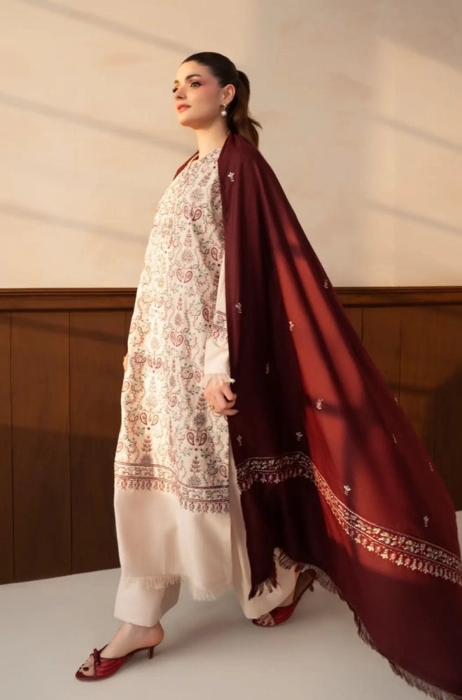 Lazuli - 3PC Unstitched Dhanak Embroidered Shirt with Dhanak Embroidered Shawl and Embroidered Trouser - BFB01157