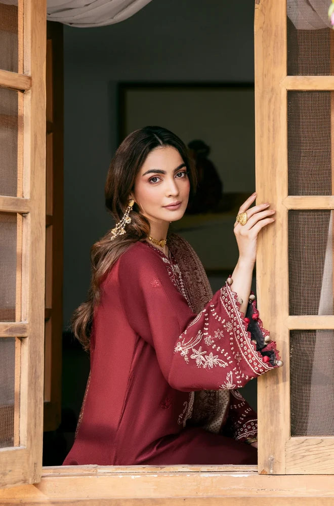 Izel Apparel - 3PC Dhanak Embroidered Shirt With Wool Printed Dupatta and Trouser - BFB01047