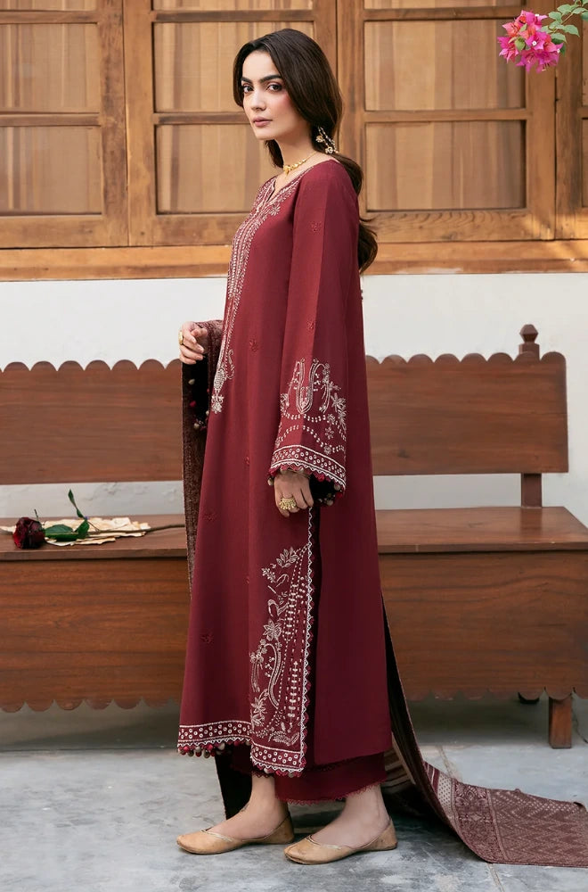 Izel Apparel - 3PC Dhanak Embroidered Shirt With Wool Printed Dupatta and Trouser - BFB01047